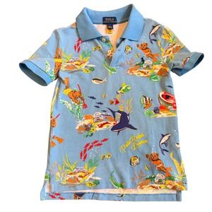 Polo Bear Ralph Lauren Boys Blue Underwater Shark Print Polo Shirt Size 7 travel